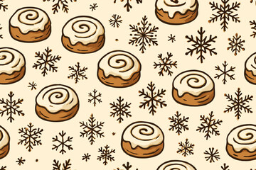 Seamless winter pattern of cinnamon rolls and snowflakes