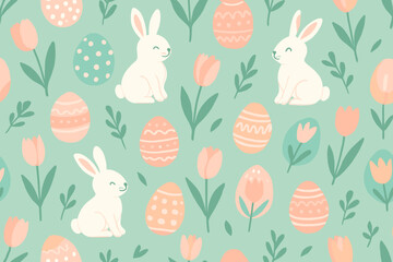 Seamless pastel Easter pattern with bunnies, eggs, and tulips
