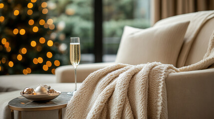 Cozy living room scene features plush beige armchair with soft blanket draped over it, glass of champagne on side table, and blurred Christmas tree with warm lights in background