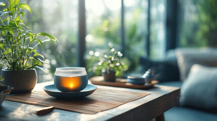 Steaming cup of tea sits on wooden table in cozy, sunlit room surrounded by lush green plants, creating serene and relaxing atmosphere