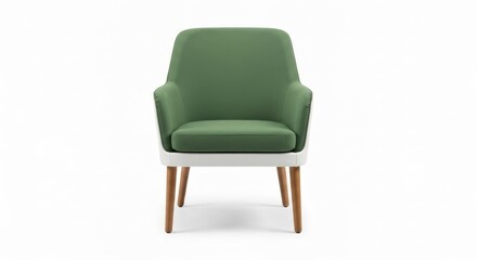 Fototapeta premium Green upholstered chair with wooden legs on a white background, center view