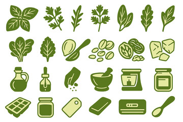Herbs, spices, and natural cooking ingredient icon set