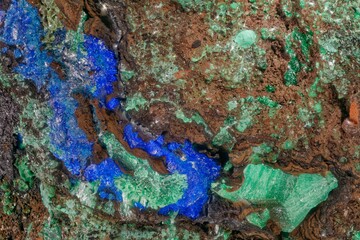 Macro azurite, malachite and limonite from Kamenushinskoe deposit, Russia. Ideal for collections, geology and scientific research. High magnification microphotograph- scale 4X