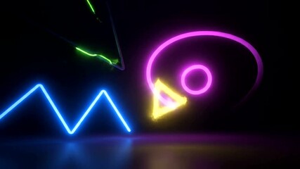 Vibrant neon abstract shapes with dynamic lines and glowing colors in a dark background - Powered by Adobe