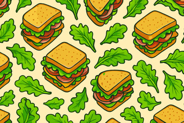 Seamless cartoon sandwich and green leaf vector pattern