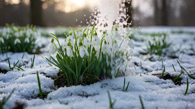 Delicate snowdrops emerge through glistening snow in a winter garden, symbolizing hope and resilience as spring approaches with light dusting motion