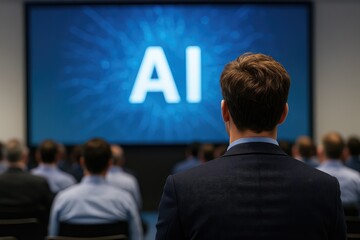 Artificial intelligence conference with audience watching ai presentation on large screen