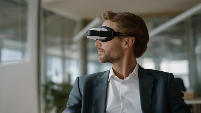 Professional navigating AI-powered virtual workspace on AR interface, displaying concentration and satisfaction, symbolizing futuristic digital collaboration, emotion-driven productivity, and - Powered by Adobe