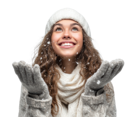 PNG Young woman in winter background gloves joyful.