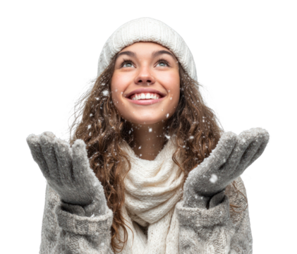 PNG Young woman in winter background gloves joyful.