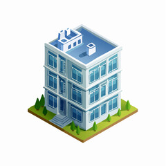 Isometric illustration of a modern multi story building with greenery