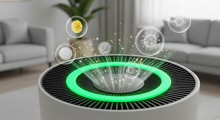 Modern air purifier with glowing green light and digital icons in a clean living room setting