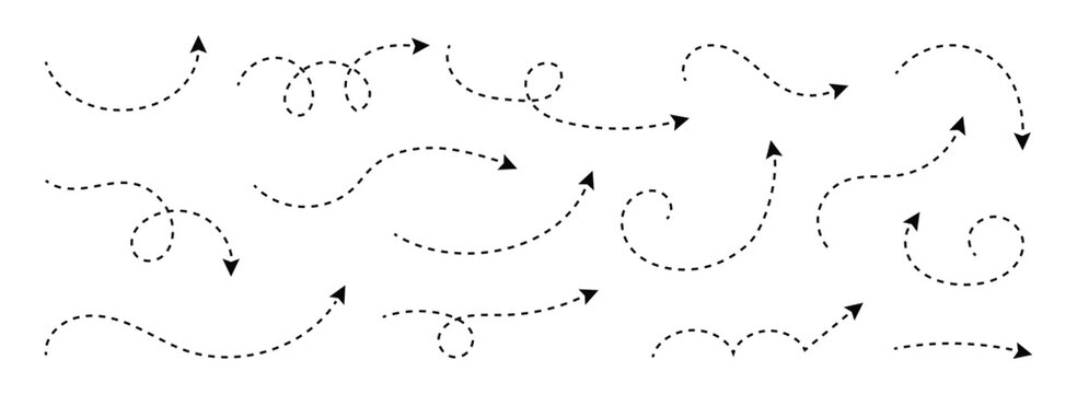 Set of  curved dotted line arrow set. Whimsical hand-drawn direction lines set with swirls and loops for navigation, infographic design.