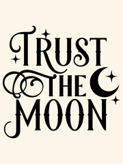 Elegant line drawing with text ‘Trust the Moon’, minimal crescent moon and three stars vector on beige background for modern wall art and decor
