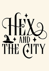 Playful Minimalist Vector “Hex and the City” with Witch Hat and Star, Clean Line Art on Beige Background