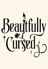 Delicate Minimal Vector Illustration “Beautifully Cursed” with Small Rose and Dripping Candle, Thin Ink Lines on Beige Background