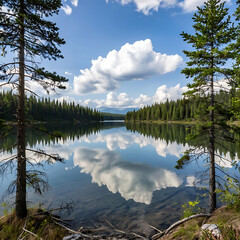 Fototapeta premium Panorama of Majestic blue mountain lake with green trees and rocks