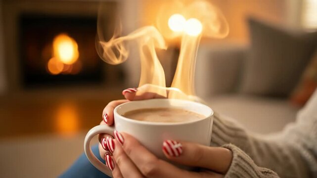 woman holds steaming cup by warm fireplace glow. hands show festive holiday manicure. winter celebration concept for website header, seasonal banner design with room for text.