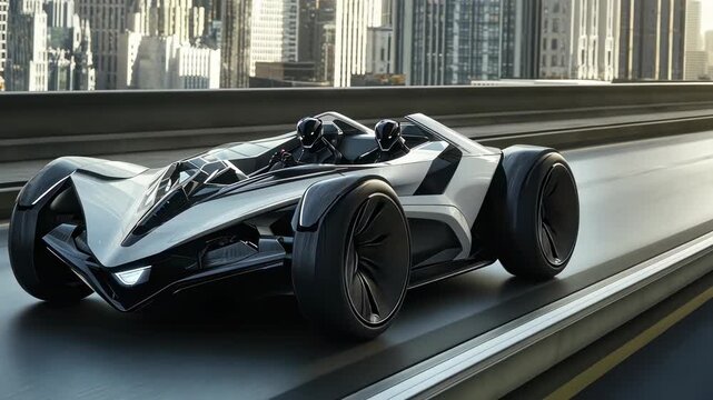 Futuristic racing car speeding through a modern cityscape