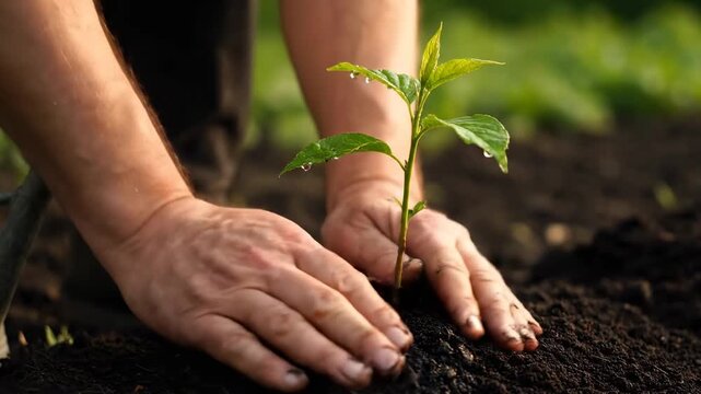 A gardener waters a freshly planted seedling in rich dark earth with a watering can