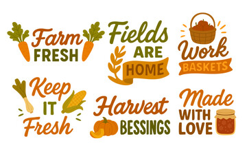 Farm quote lettering set with vegetables and baskets in soft flat style for rustic design.