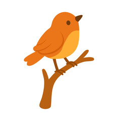 Orange bird sitting on branch in soft flat style for nature and decorative design.