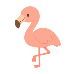 Cute pink flamingo standing on one leg in soft flat style for tropical and decorative design.