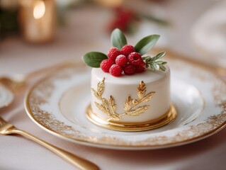 Elegant raspberry cake presentation gourmet restaurant culinary photography luxurious setting close-up dessert delight