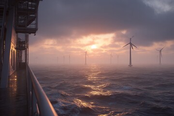 Offshore wind turbines standing in vast ocean at sunrise or sunset with dramatic cloudy sky