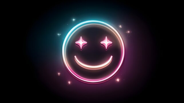 Glowing neon circle emoji features star shaped eyes and a wide smile against a dark background - Powered by Adobe