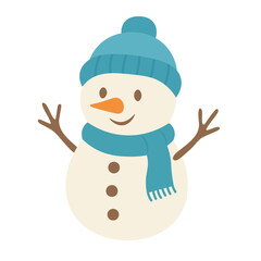 Smiling snowman in blue hat and scarf in soft flat style for winter and holiday design.
