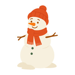 Cheerful snowman in red hat and scarf in soft flat style for winter holiday design.