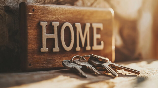Rustic home decor with house keys on wooden surface