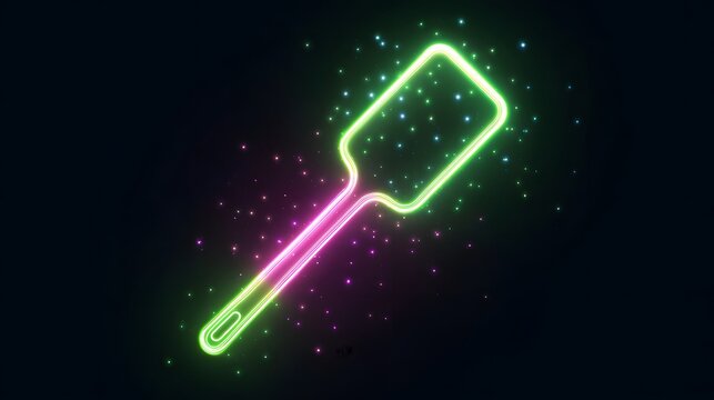 Glowing neon outline of a cooking utensil illuminates a dark background with sparkling particles