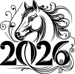 Elegant Horse Head with 2026 Typography in Ornamental Vector Design