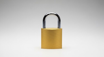 Padlock with gold body and silver shackle on white