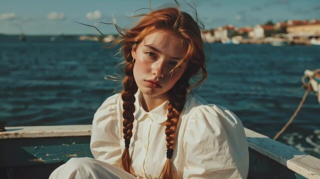 Young woman with braids on boat against sea and townscape