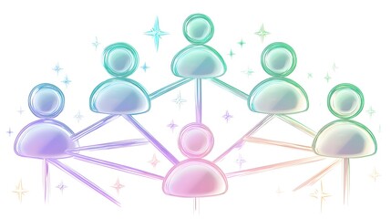 Stylized network of connected user icons glows with pastel colors against a white background