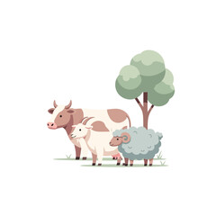 Obraz premium Flat vector illustration of a farm animal group with a cow, goat, and sheep under a tree, symbolizing agricultural life and domestic livestock