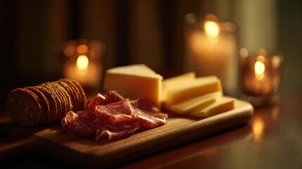 Gourmet cheese and charcuterie board intimate setting food photography warm ambiance close-up culinary art