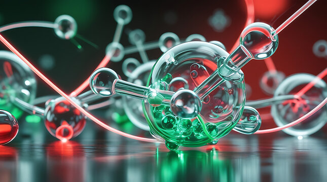 Molecular structure model glows with green and red liquid inside transparent spheres on reflective surface, representing scientific research and innovation.