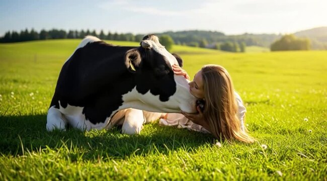 Mulher deitada no campo com uma vaca trocando carinhos. Amor aos animais.