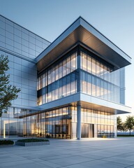 Fototapeta premium A sleek, modern glass and steel corporate building entrance is brightly illuminated against the cool blue twilight sky, showcasing contemporary urban architecture and design