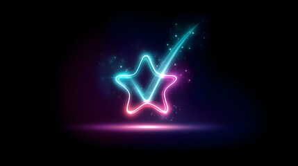 Glowing neon star shape combines with a vibrant checkmark symbol over a dark background