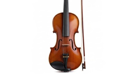 Fototapeta premium Polished wood violin with bow, positioned vertically, against white