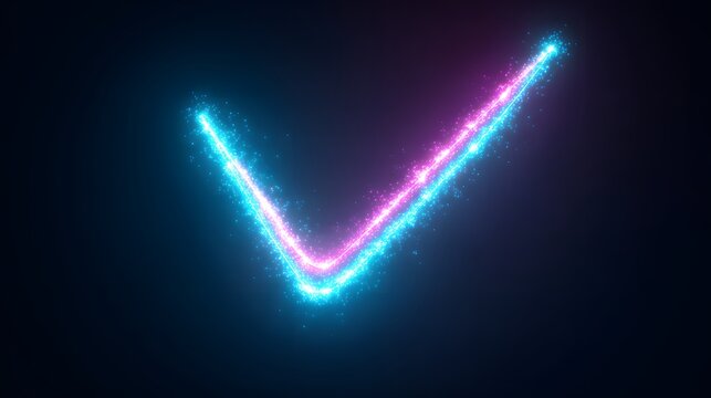 Bright glowing particle trails form a sharp checkmark shape against a dark background - Powered by Adobe