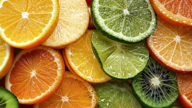 Vibrant arrangement of citrus fruit slices with bubbles