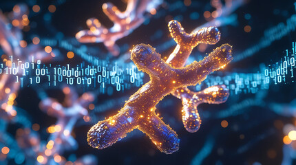Abstract chromosomes floating in a digital space with binary code and glowing particles, representing genetic data and technological advancement in a futuristic mood.