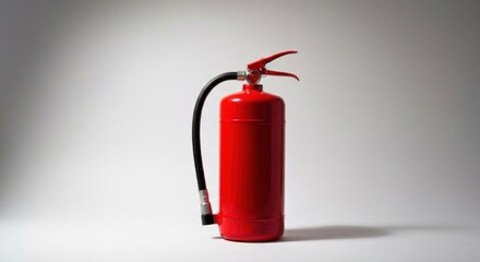 Obraz premium Red fire extinguisher stands against light gray backdrop in studio shot