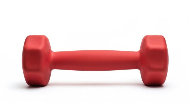 Red dumbbell lies horizontally on a white surface, centered, simple shot